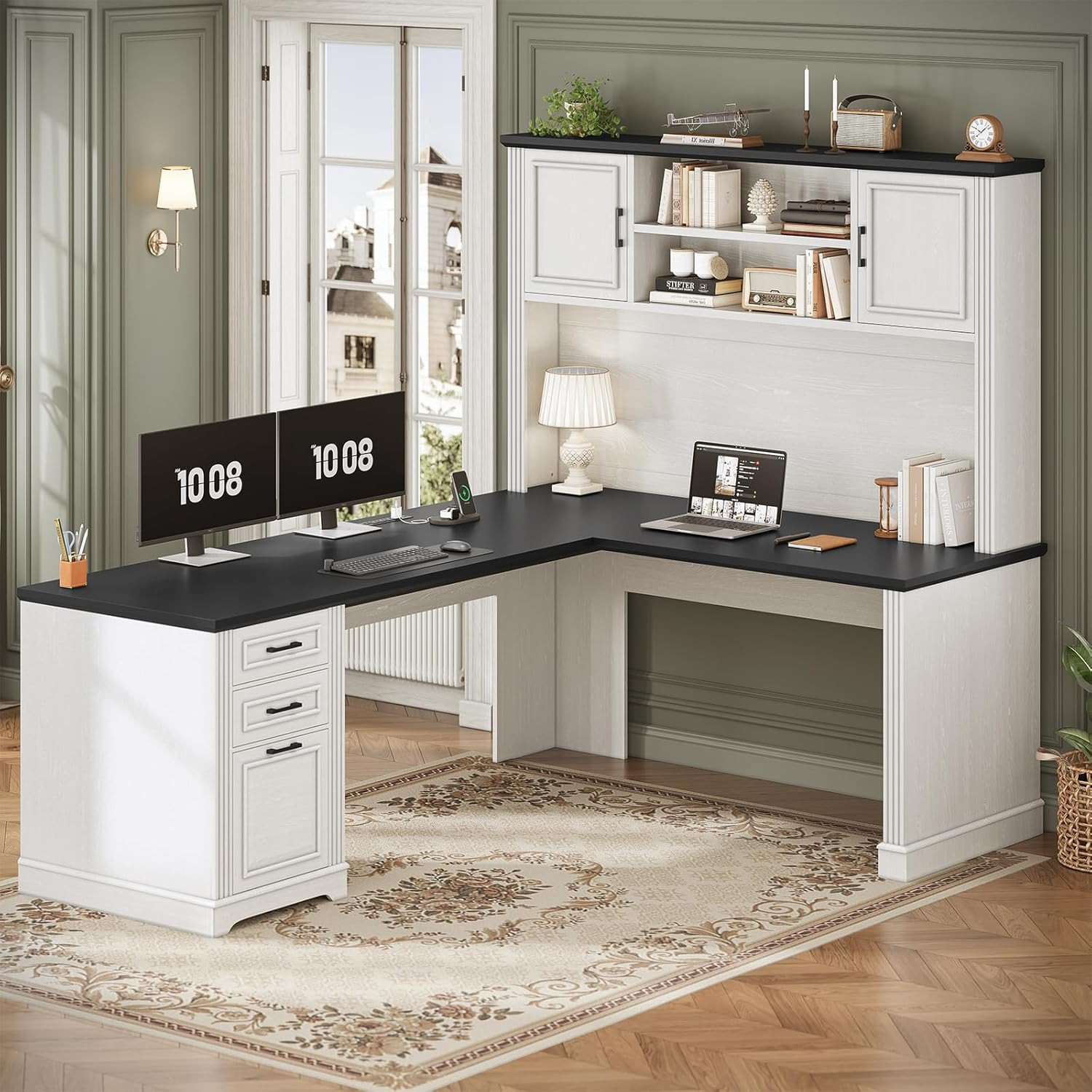 SEDETA Farmhouse L Shaped Desk with Hutch and 3 Drawers, 68.9″ Executive Office