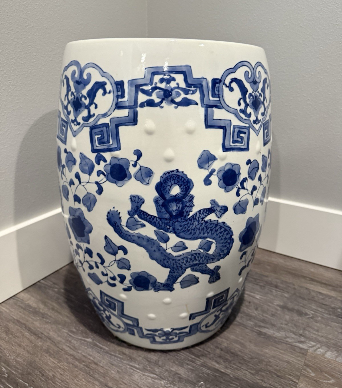 Blue & White Ceramic Asian Garden Stool, Gloss Finish, 19in H