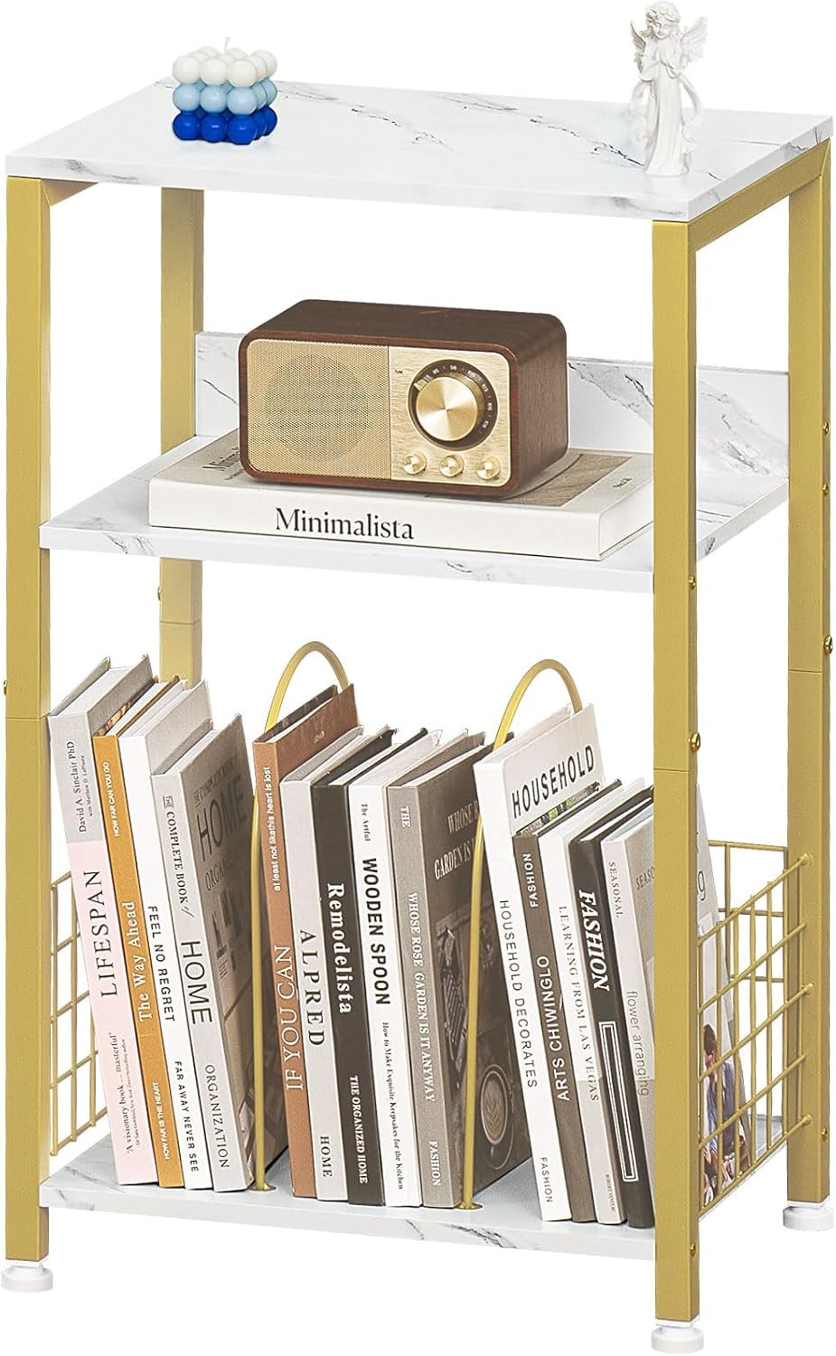 Side Table,White Marble Night Stand W/ Golden Metal Frame,3 Tier Industrial
