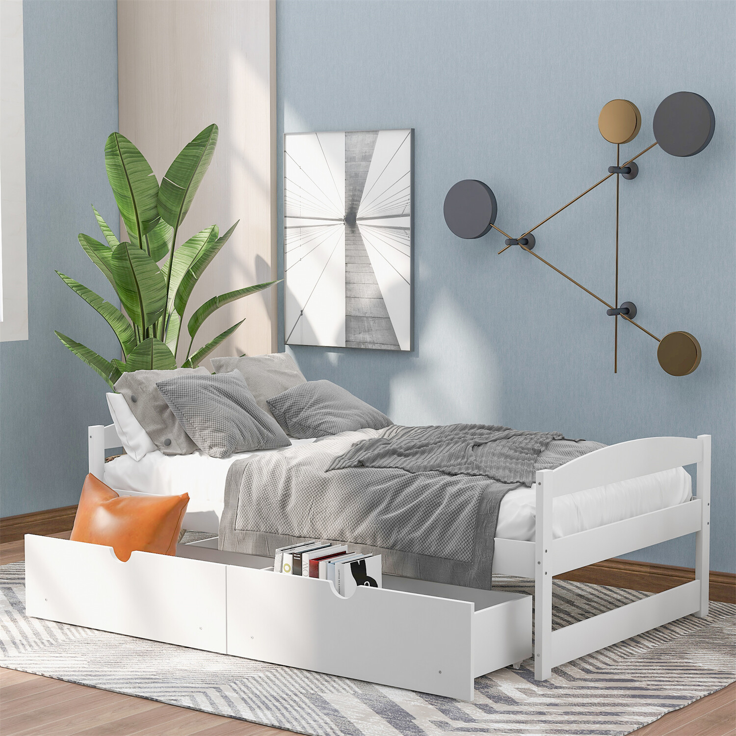 Twin Size Bed Frame Wood Platform Bed with 2 Drawers White/Gray/Espresso US