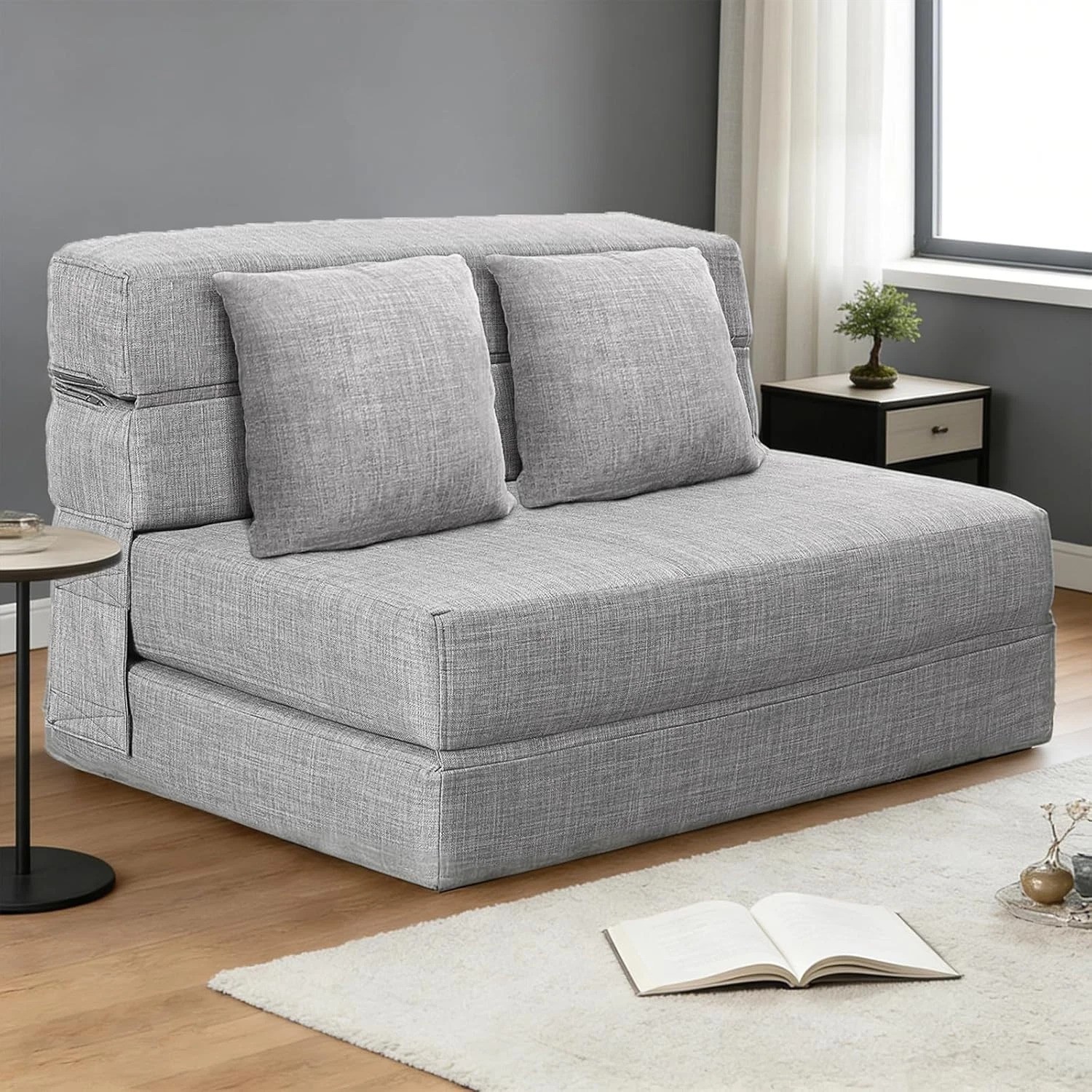 Space-Saving 60″ Folding Sofa Bed – Ergonomic Design & 2 Pillows in Light Gray