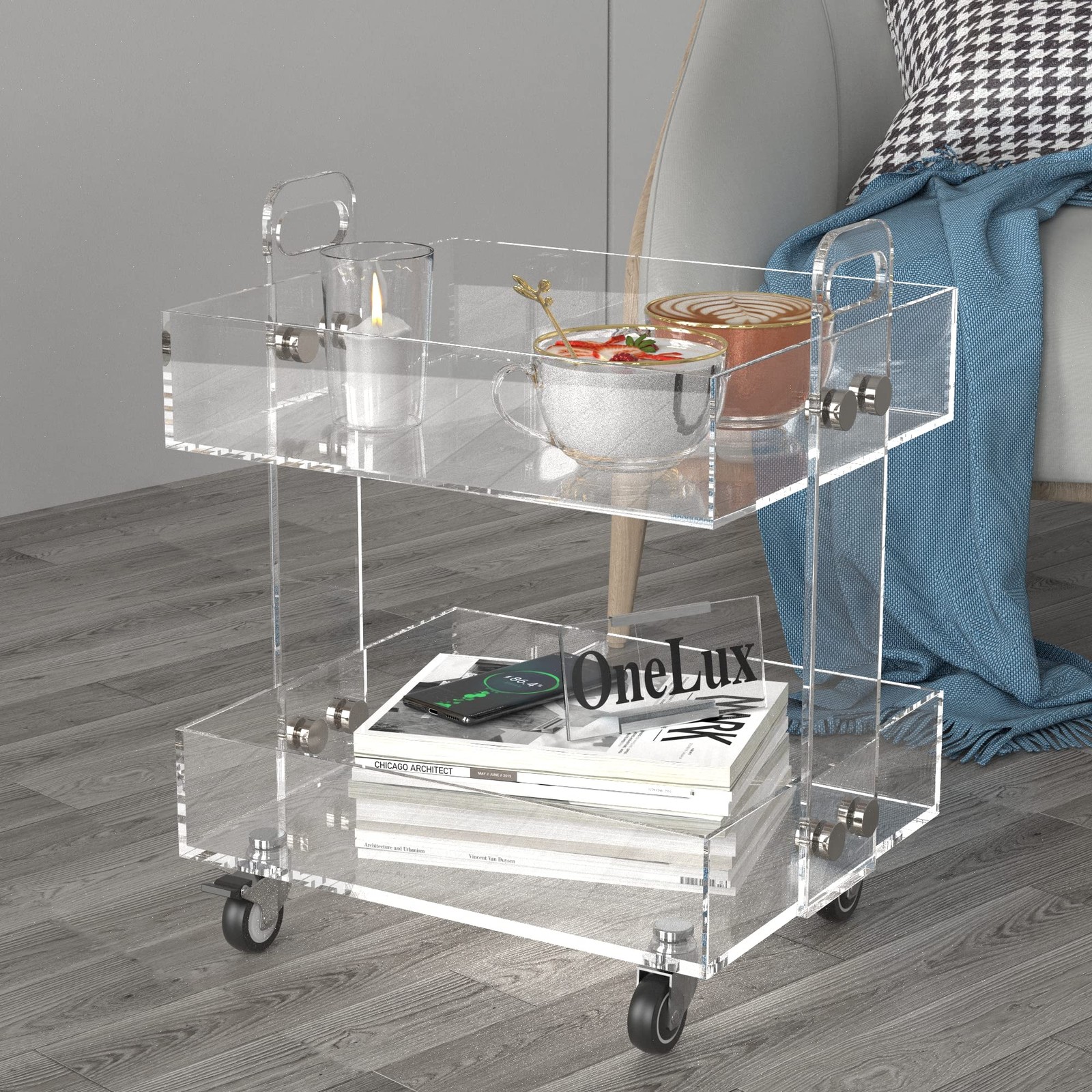 (Flat Packed) Original Acrylic Side Table,Clear Table with Wheels,Acrylic Bed…