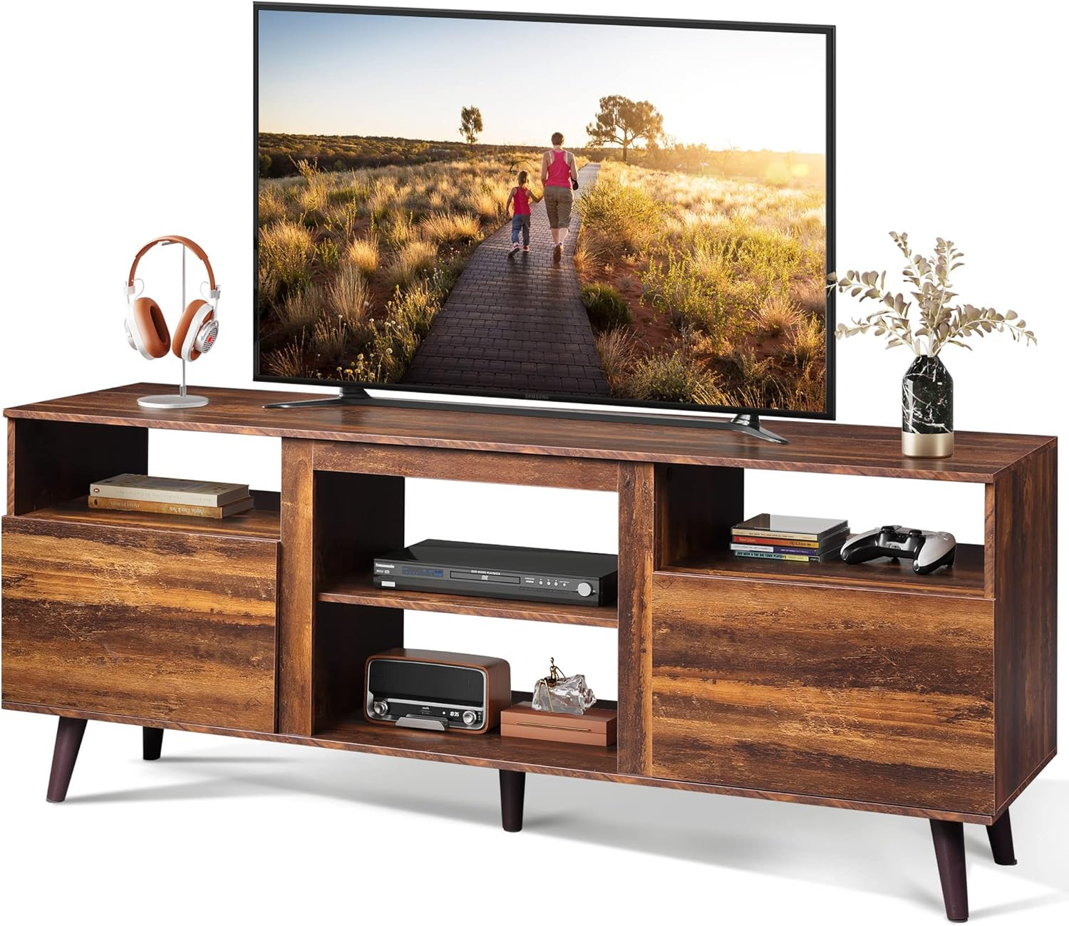 Retro Brown TV Stand for 65″ TV, 58″ Media Console with 2 Storage Cabinets