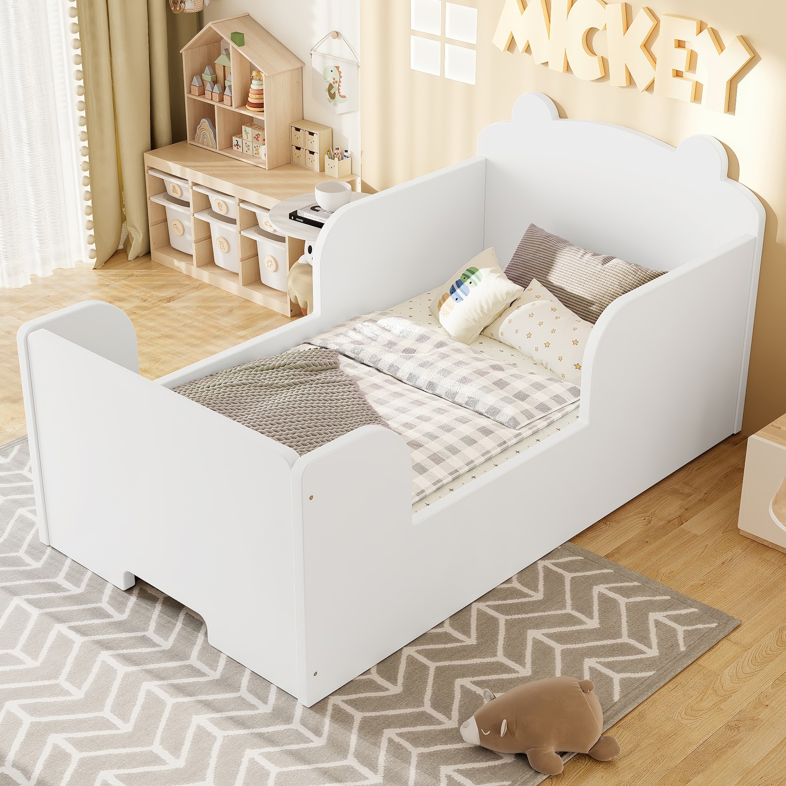 Twin Wood Toddler Floor Bed Frame with Safety Barrier for Boys & Girls Ages 3-6