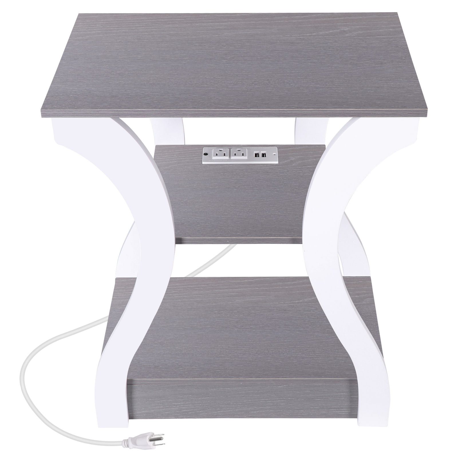 Farmhouse End Table Narrow Side Table w/Charging Station for Bedroom Grey+White