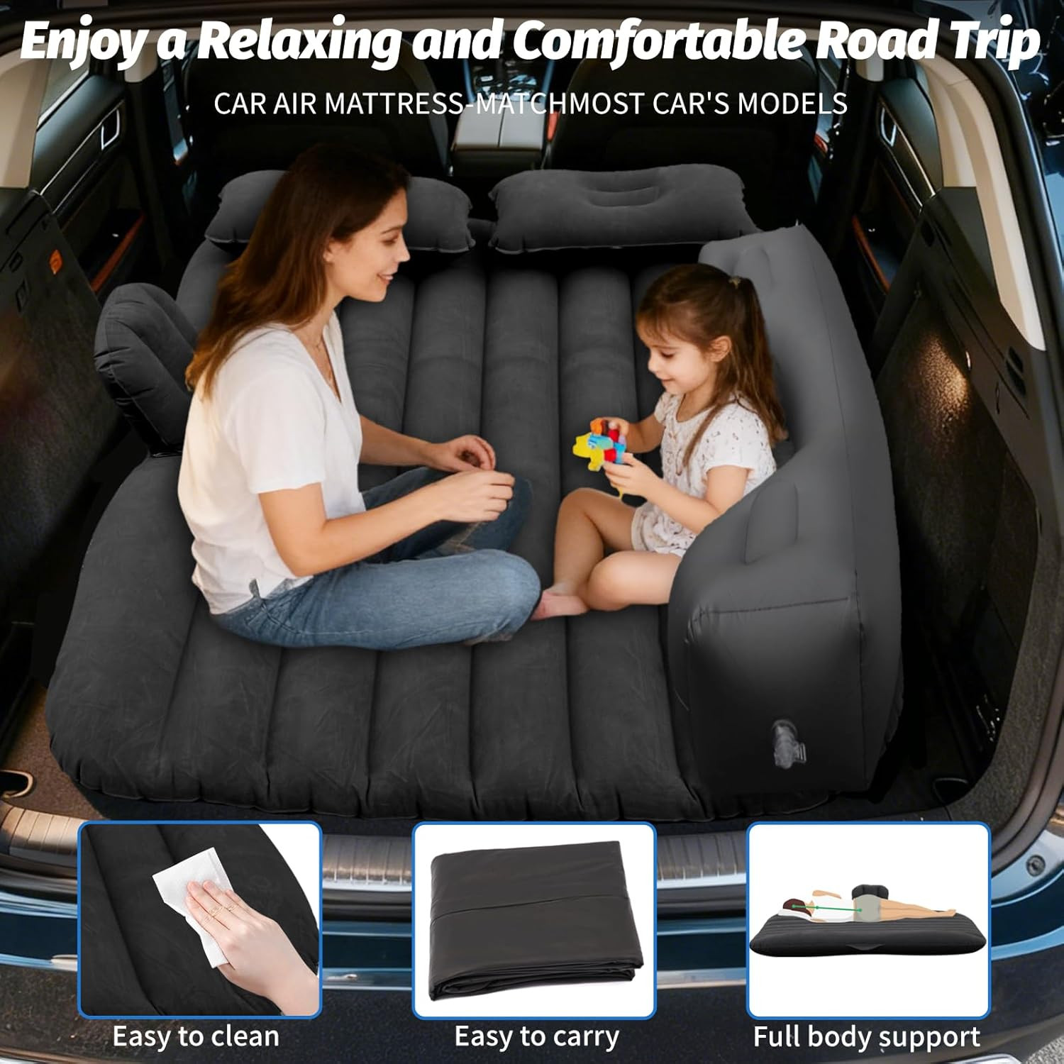 Inflatable Car Air Mattress Back Seat Bed with Air Pump,55″ (L) X 35″ (W) Portab