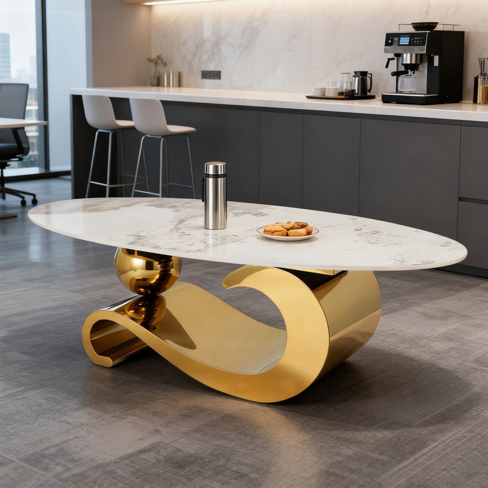 51.2″ Modern Oval Marble Coffee Table – Gold Stainless Steel Base Easy Assembly