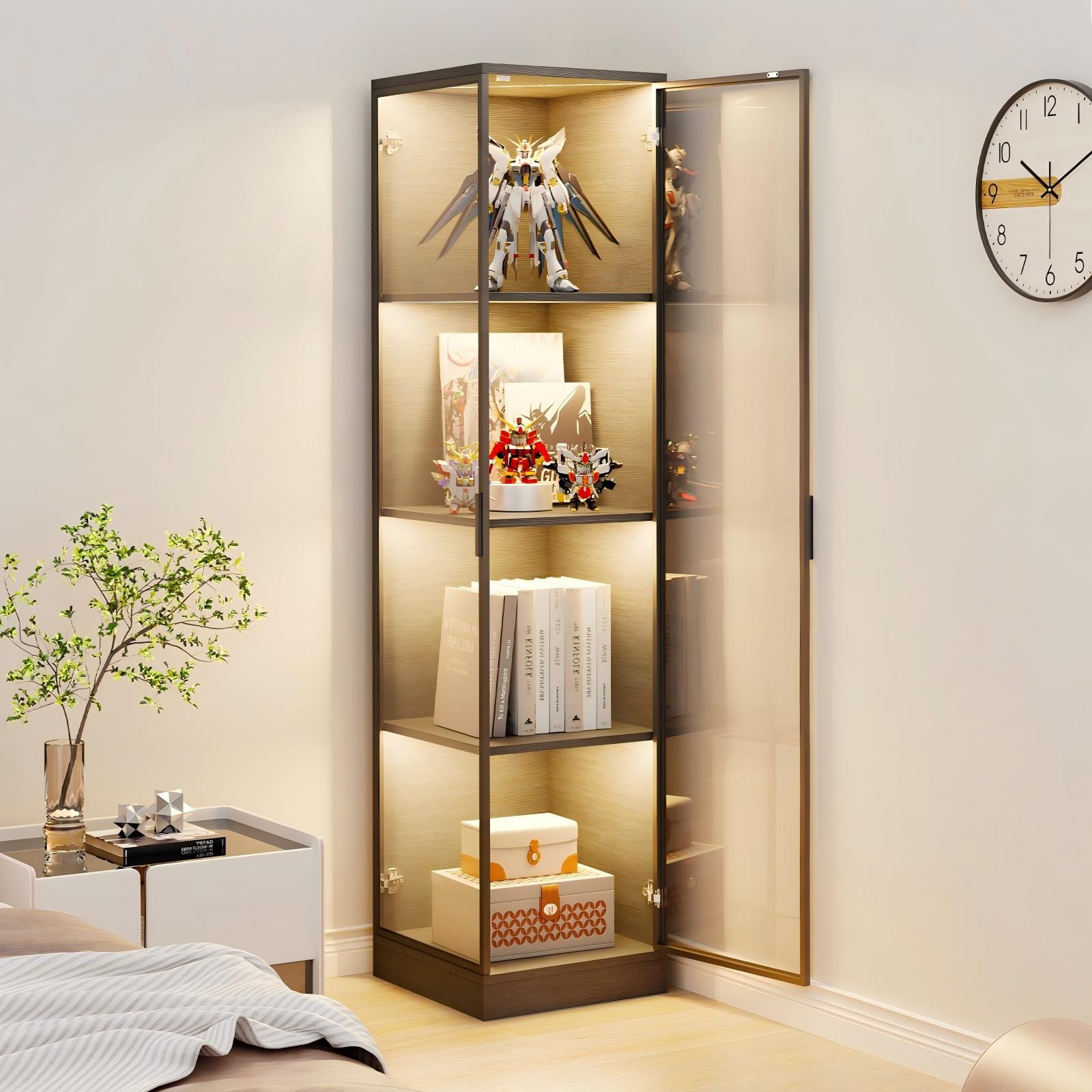 BROTTAR 4-Tier Transparent Display Cabinet with Glass Doors + 3-Color LED Lights