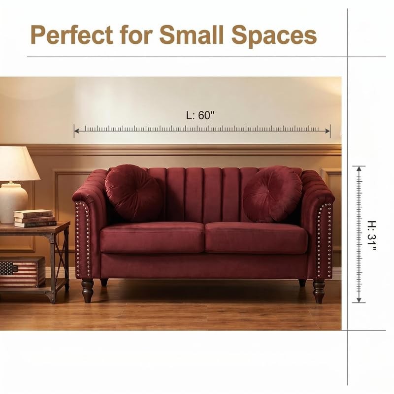 Velvet Loveseat Tufted Back Nailhead Trim Vintage Sofa 2 Round Pillows Burgundy
