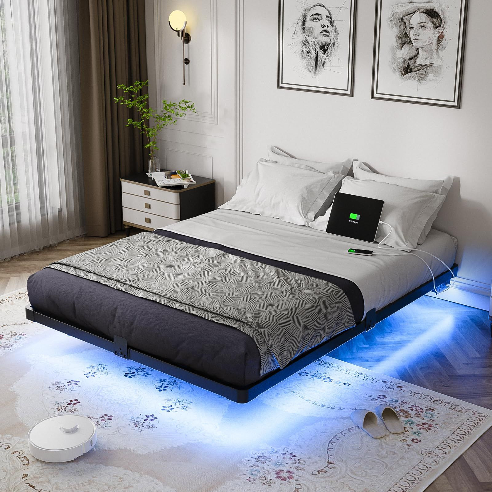 OLEVS Floating Bed Frame Full Size Metal with LED Light & Full, Black