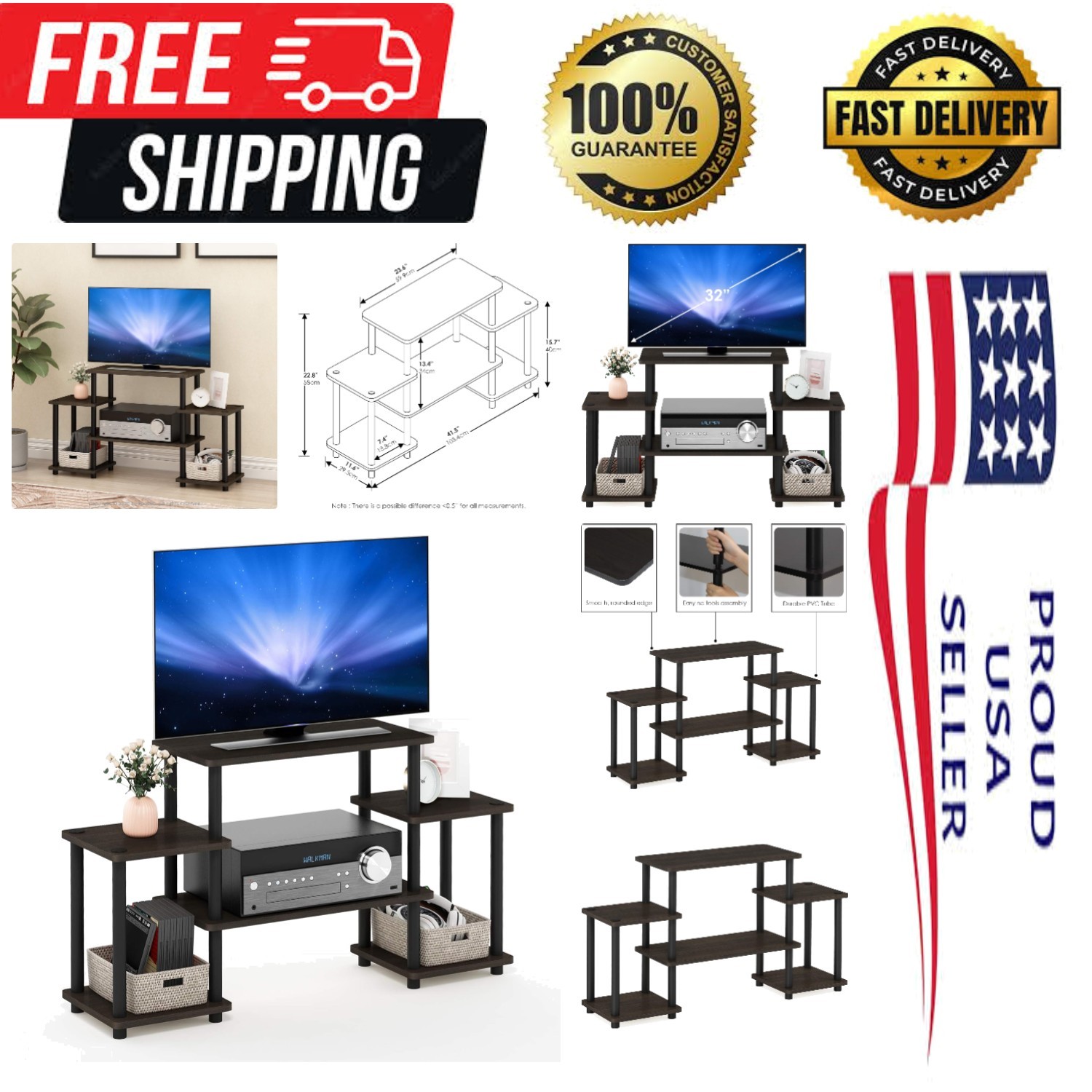 Compact Dark Brown/Black Entertainment Center – 6-Tier Storage, Easy DIY Setup