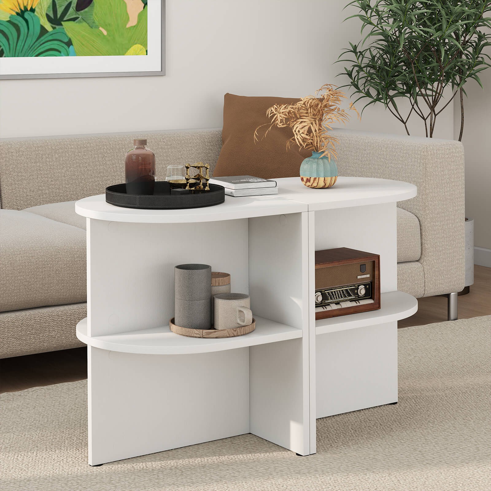 2PCS Half Round Side Table, 2-tier Wooden Nightstand w/Open Storage Shelves