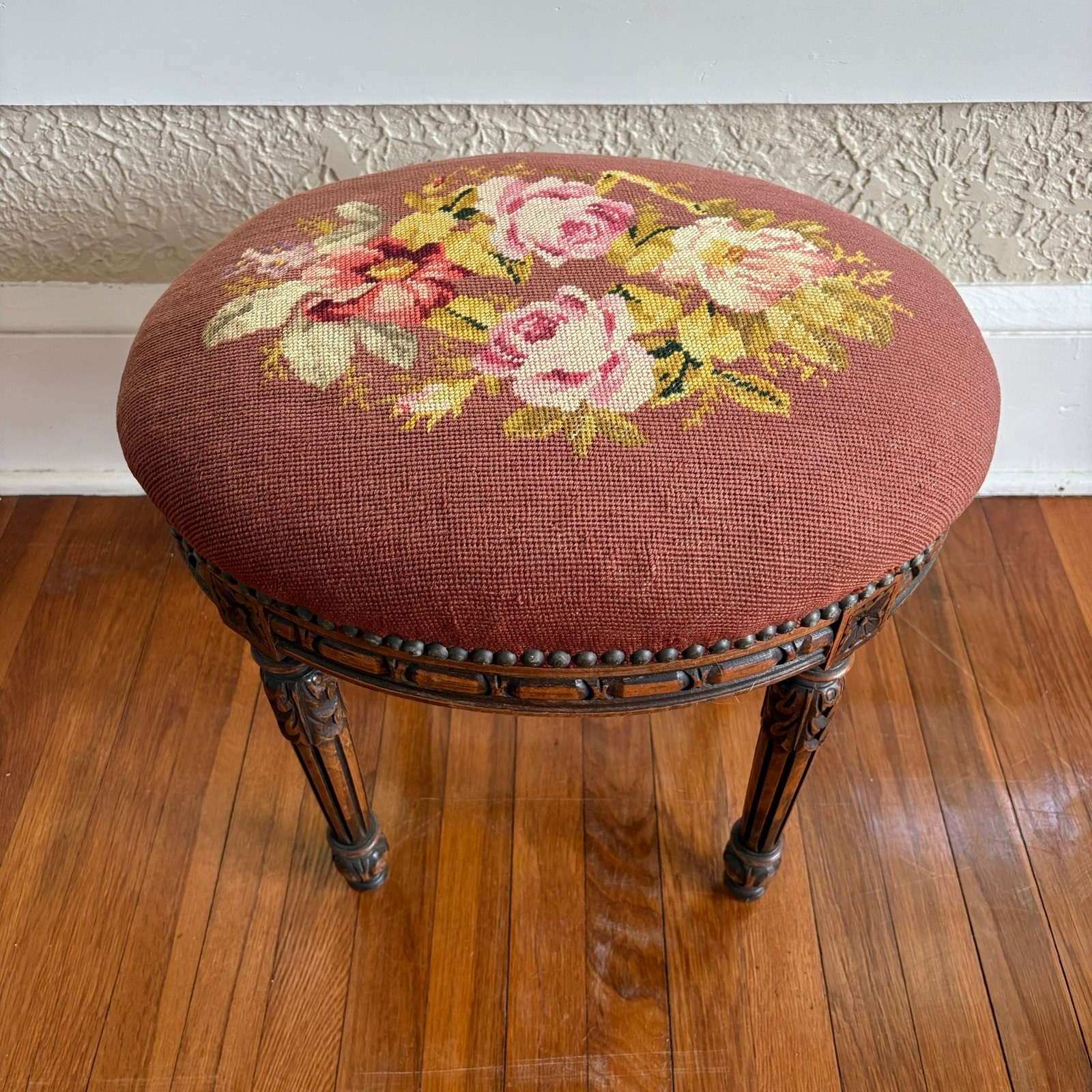 Vintage Louis XVI Style Needlepoint Footstool with Carved Wood Frame