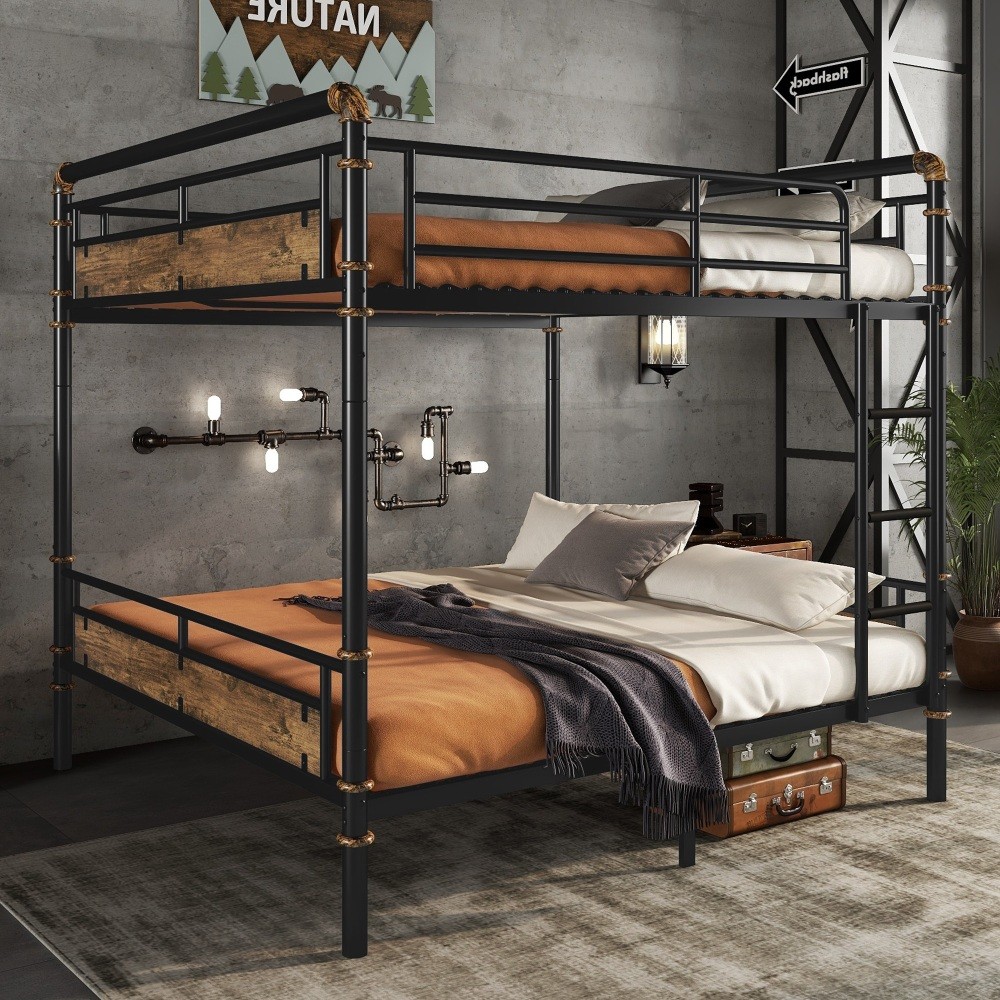 Industrial Queen Over Queen Metal Bunk Bed Detachable Frame Safety Guardrails