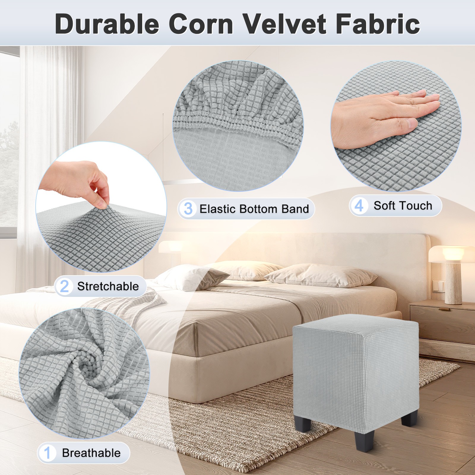 2-Pack 13″x13″x15″ Square Ottoman Slipcovers Footstool Protector Light Gray