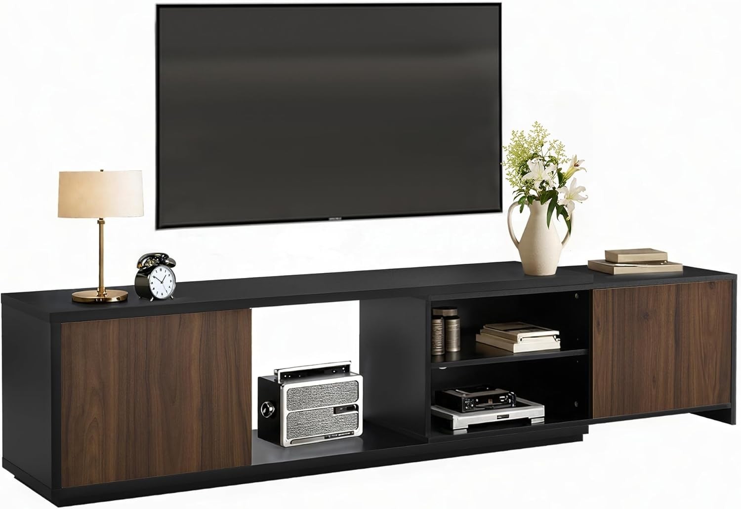 Modern Extendable TV Stand for TVs up to 90″ with Storage Cabinets, Black