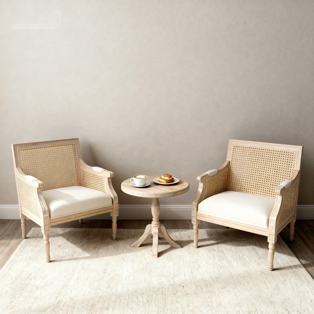 French Accent Chair Beige Cotton Linen Rattan Hollow Out Vintage Armchair Solid