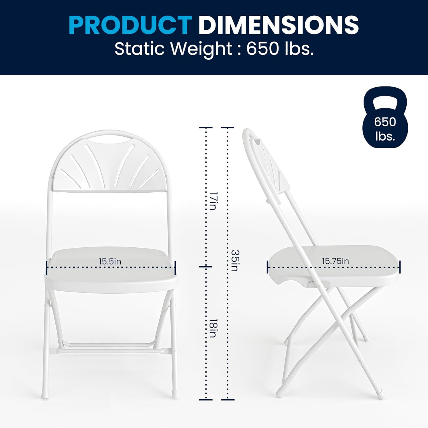 2 Pack HERCULES Series 650 Lb. Capacity White Plastic Fan Back Folding Chair