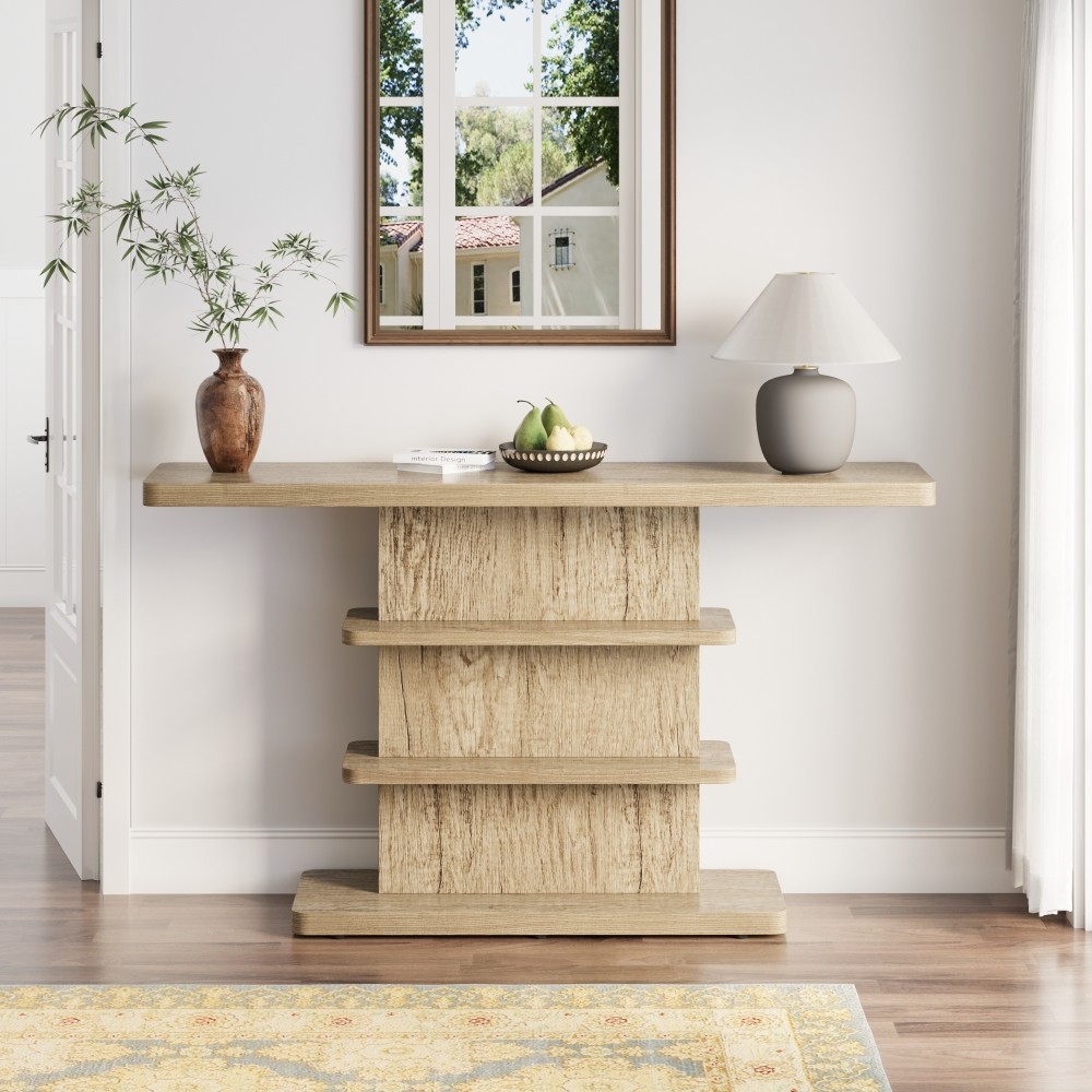 Vintage 63″ Console Table with 2 Open Shelves, Natural Wood Finish