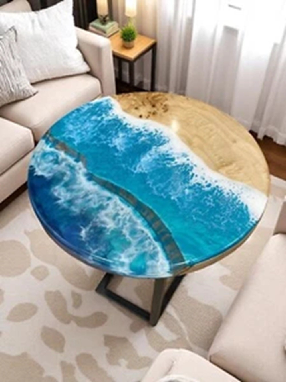 18″ Ocean Wave Epoxy Resin Table Natural Acacia Wooden Furniture For Cafe Decors