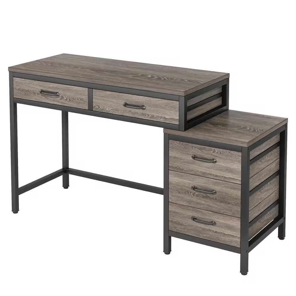 Cassey 51 In. Rectangular Industrial Gray Wood 5-Drawer Computer Desk, Reversibl