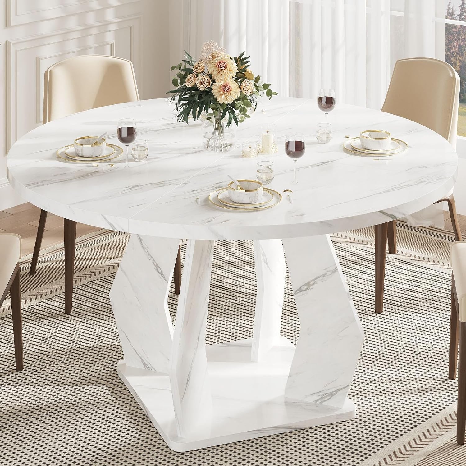 White Marble Round Dining Table Modern Wood Dinner Tables 47 Inch Farmhouse