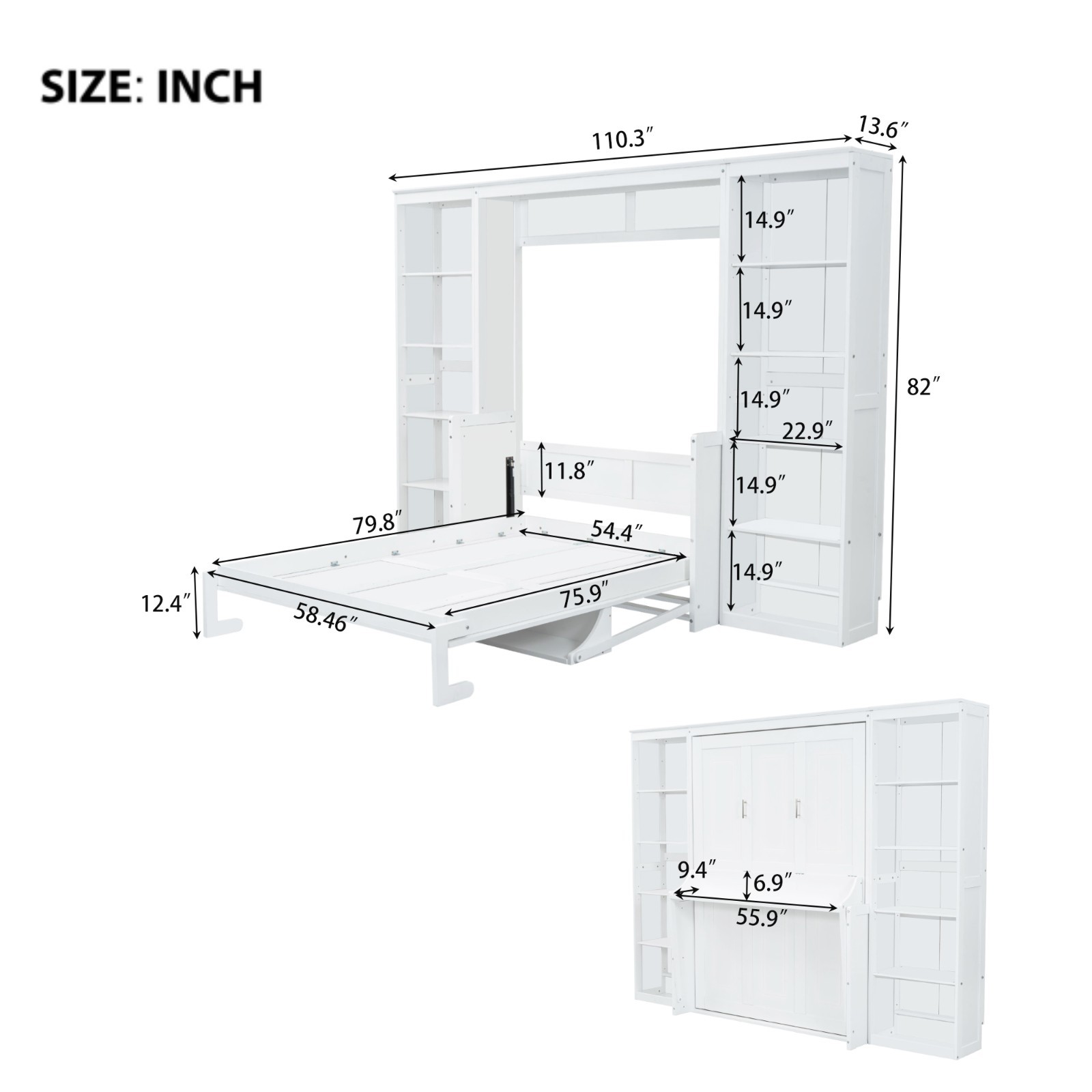 Full Size Murphy Bed Multiple Storage with Desk and Bookshelf for Bedroom White
