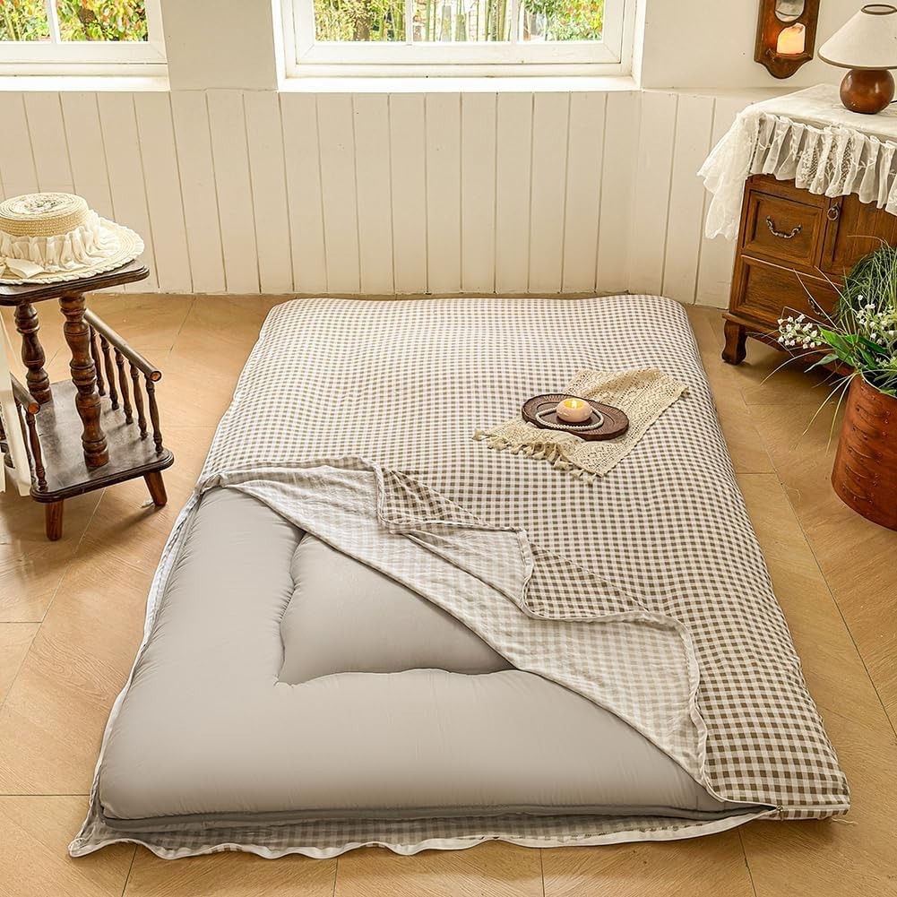 Japanese Floor Mattress Futon Cover for 3-4″ Thick Pad, Taupe Twin Tan Gingham