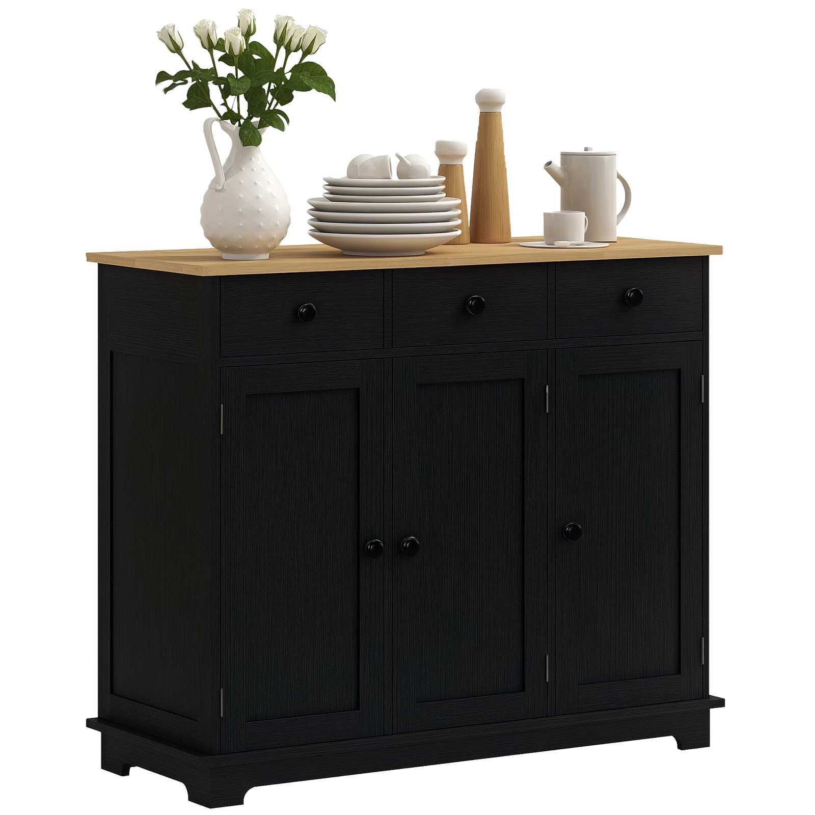 Buffet Cabinet, Coffee Bar Cabinet with 3 Drawers, Black Wood Grain Refurbished