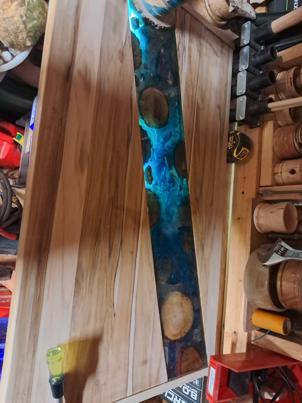 Rectangular Wood & Blue Epoxy Coffee Table 40″x32″ Polished Abstract