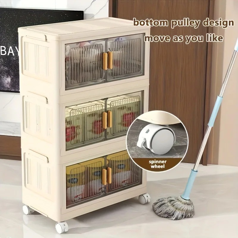 Stackable Plastic Storage Cabinet with Doors & Wheels Multi Tier Organizer Rack