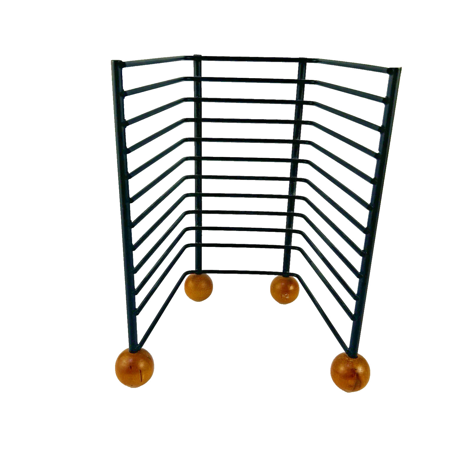 Vintage Black Metal CD Holder Rack Wood Ball Feet Tabletop 10 Disc Organizer