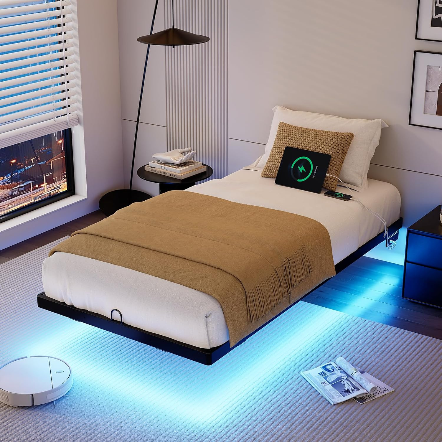 Floating Bed Frame Twin Size with LED Lights and Charging Station | Modern Metal