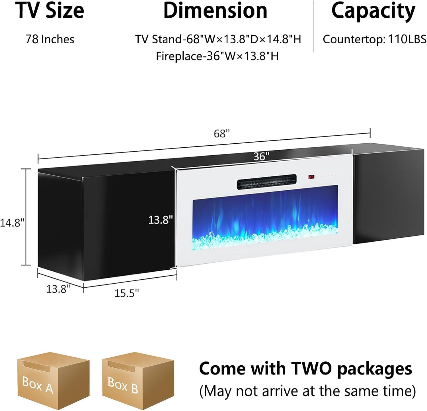 Floating TV Stand 36″ Electric Fireplace High Gloss Storage 78″ TV Black/White