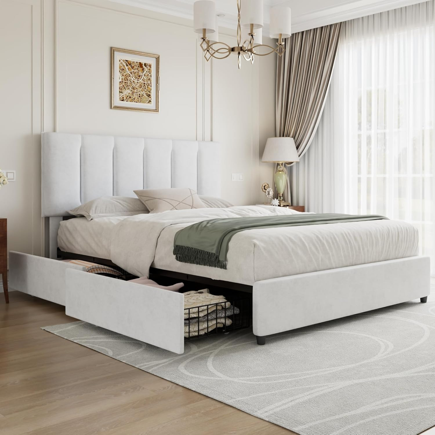 Stylish Full Size Bed Frame with 4 Storage Drawers and Adjustable Headboard