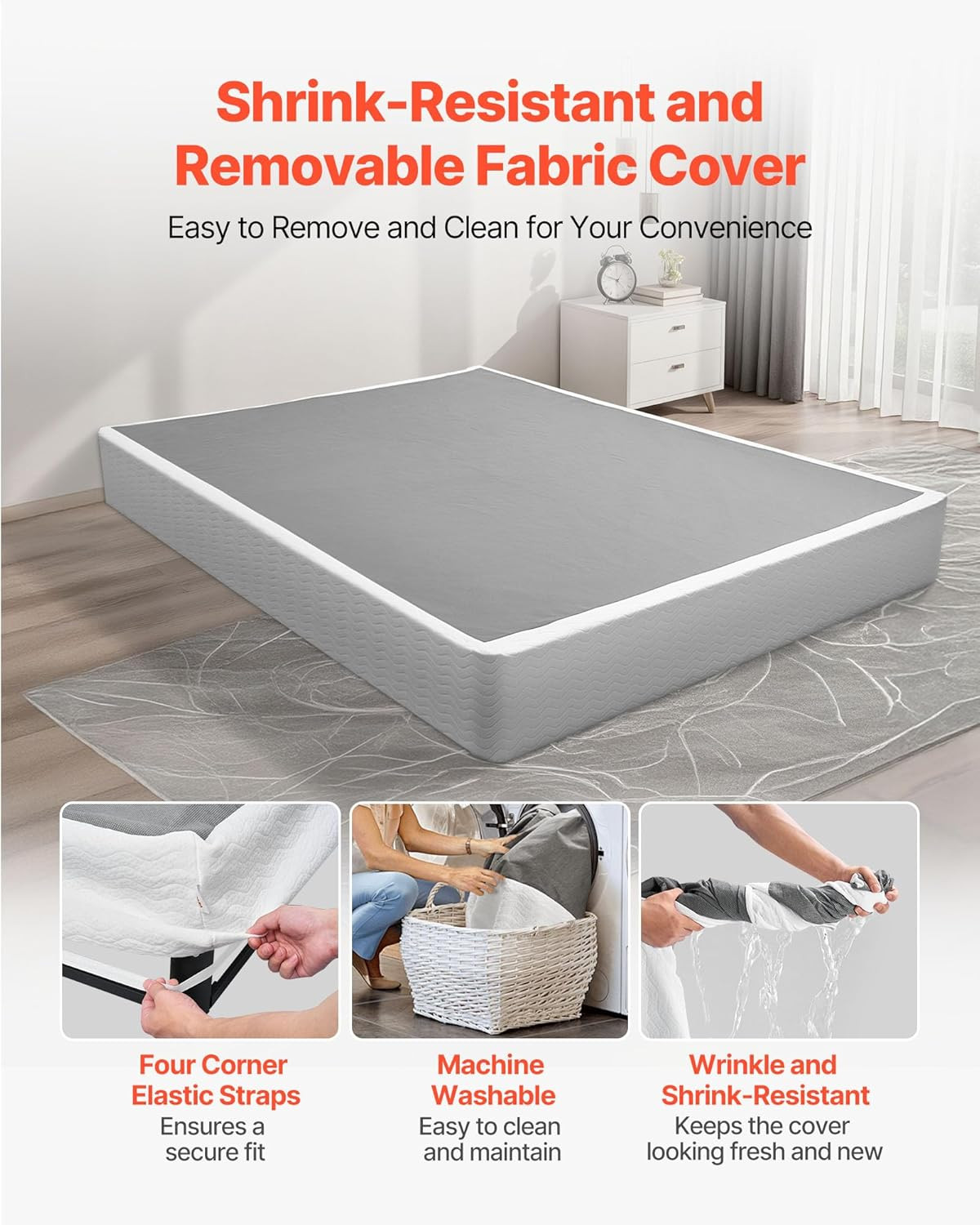 Queen Size Box Spring Bed Frame, Heavy Duty Metal, Washable Fabric, Easy Assembl