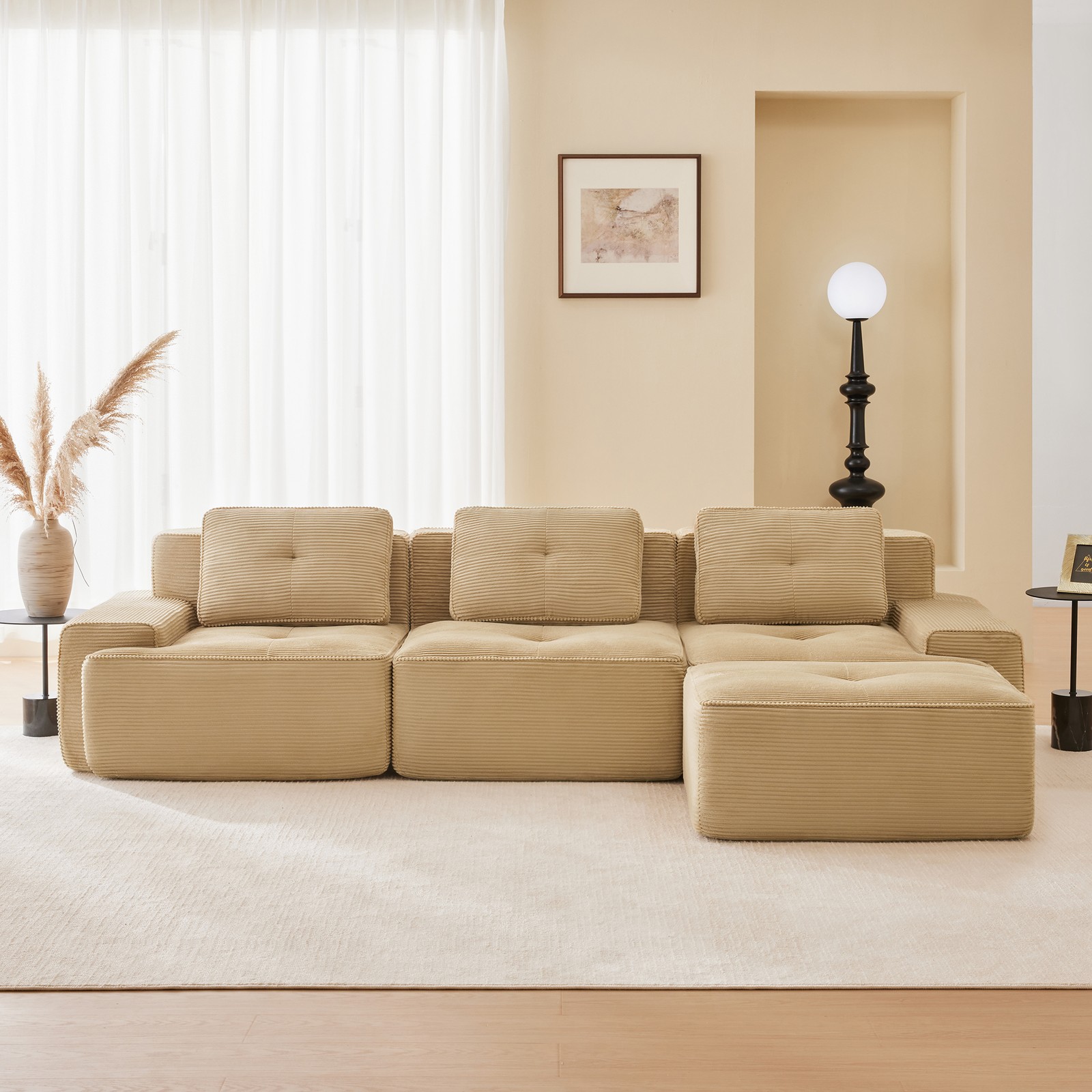 117 Inch Modern L Shaped Corduroy Sofa Camel 3 Seat Deep Plush Comfy Couch