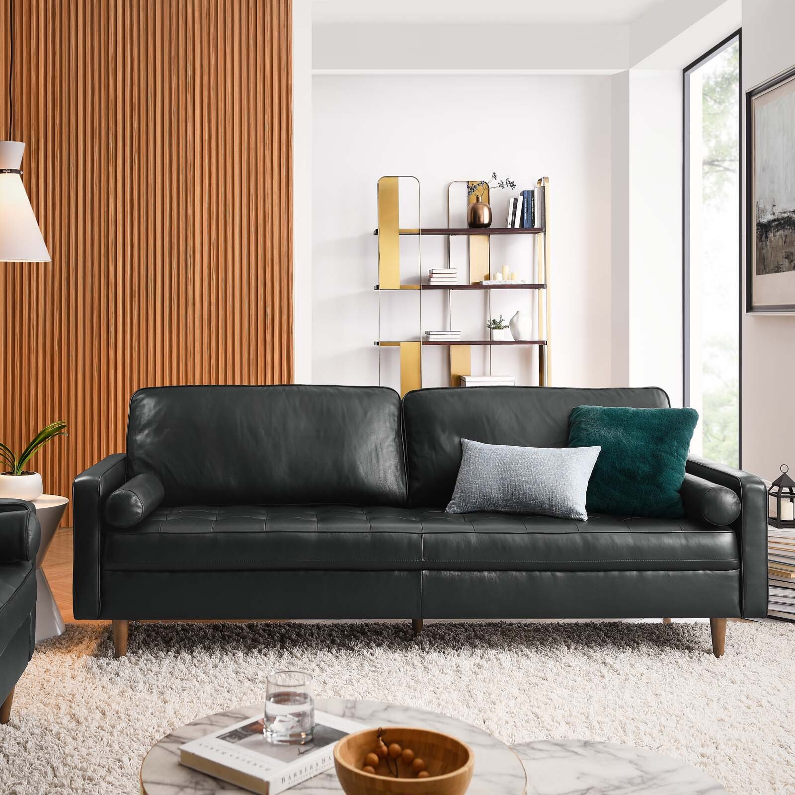 Modway Valour 88″ Leather Tufted Plus-Size Sofa In Black