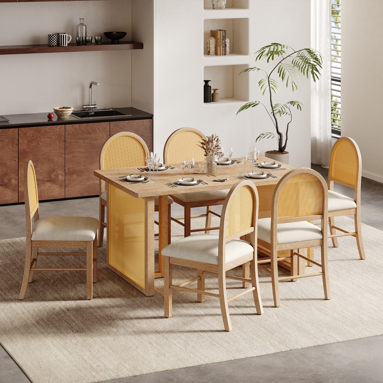 7-Piece Dining Table Set,59.8″ Rectangular Dining Table and 6 Rattan Chairs