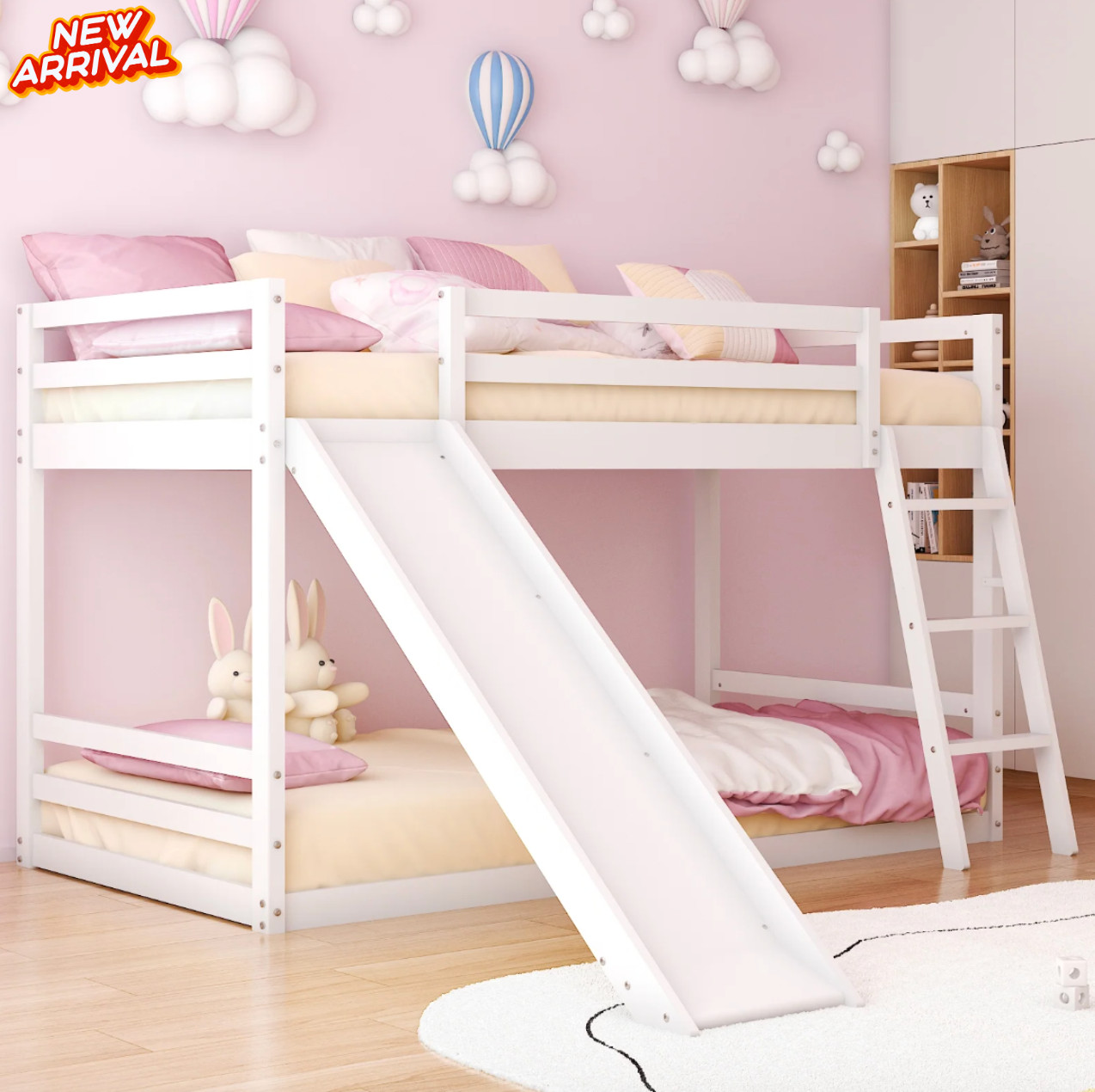 Cama Litera Twin y Twin Para Niños Twin Over Twin Bunk Bed with Slide White NEW