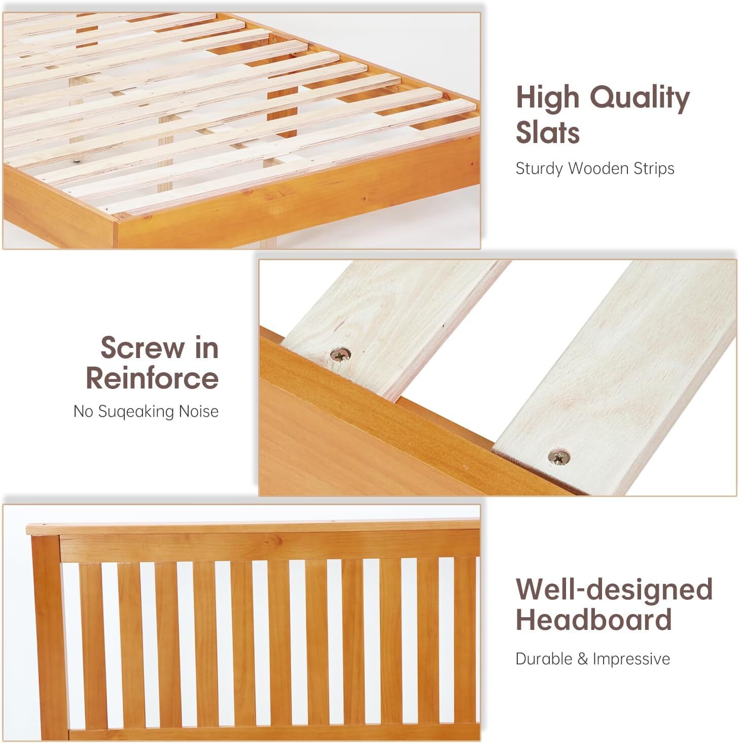 Wood Platform Bed Frame Solid Wood Foundation/Wood Slats Support with Headboard