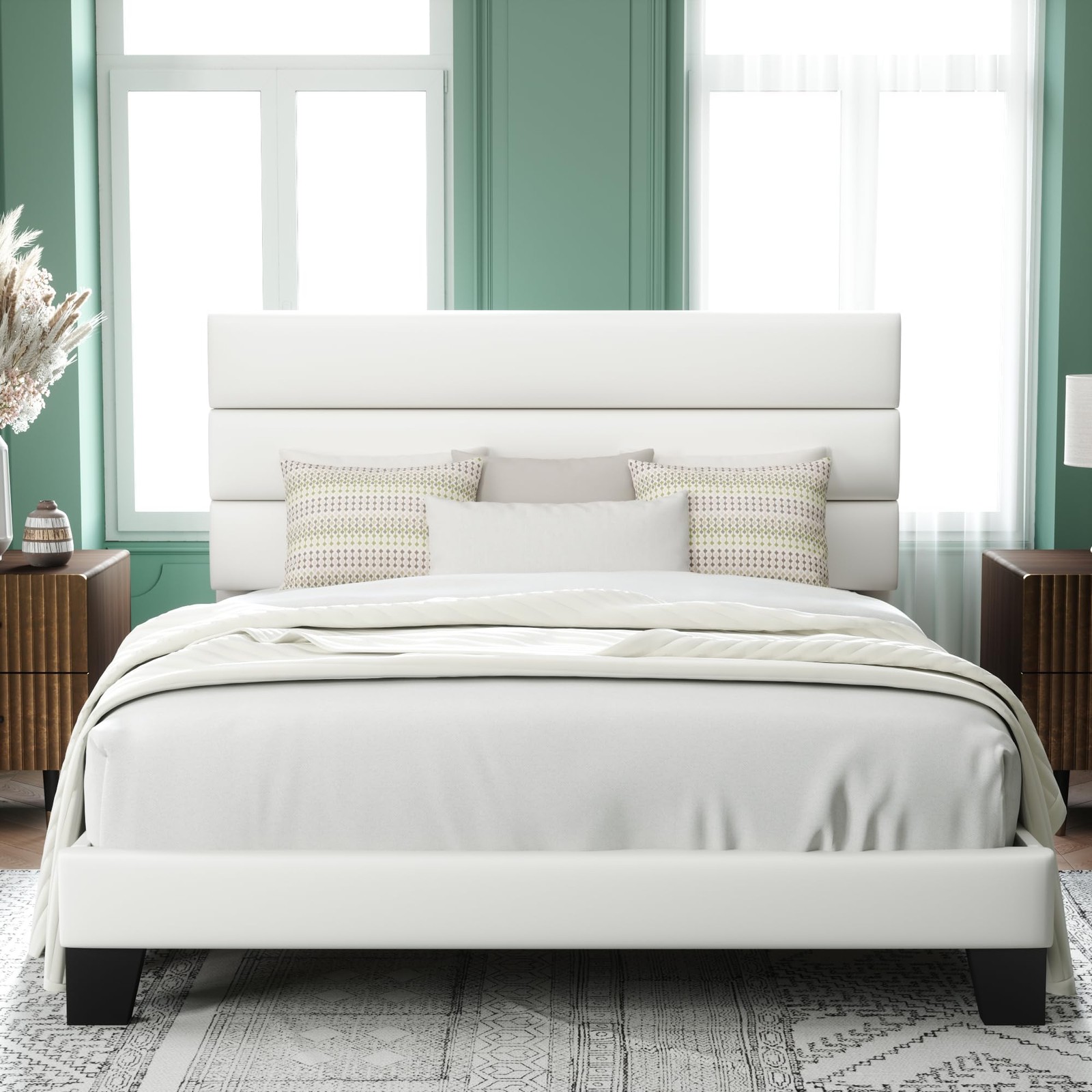 Allewie Queen Size Platform Bed Frame with Velvet Upholstered Headboard and W…