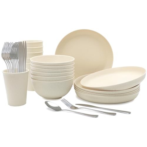 36pcs Reusable Wheat Straw Dinnerware Sets,Unbreakable Dinnerware Cups Plates
