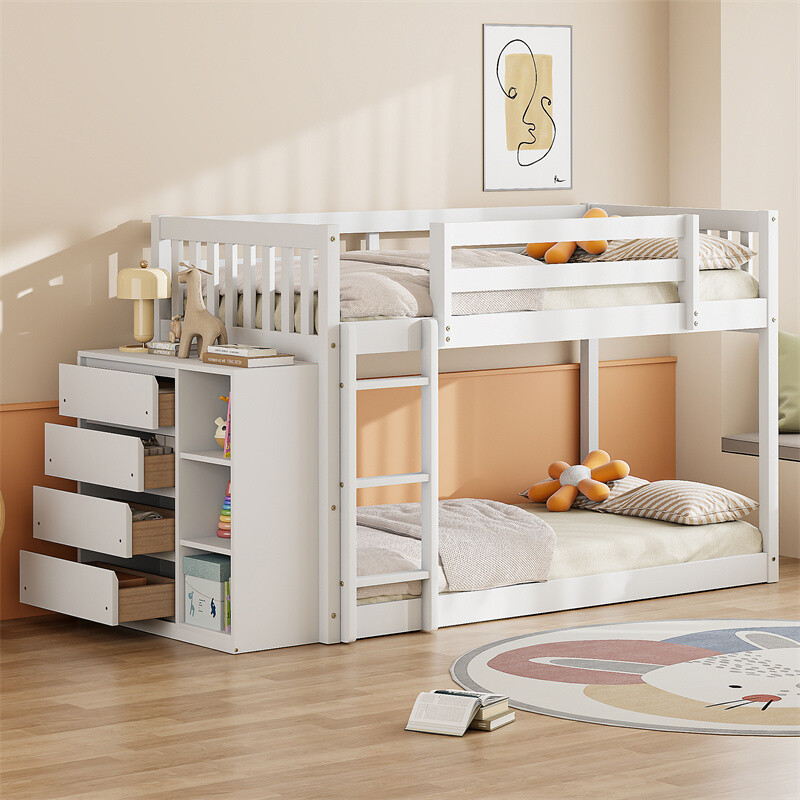 Twin over Twin Bed Frame Wood Bunk Bed with 4 Drawers and 3 Shelves White