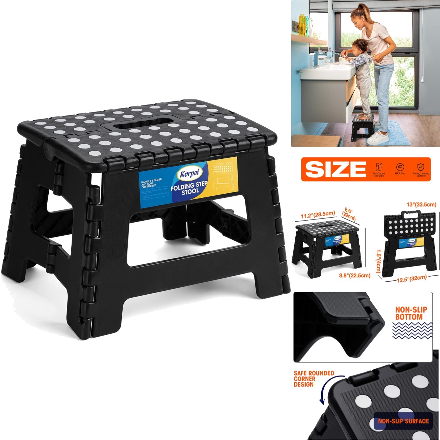 Portable 9 Inch Foldable Step Stool Compact Non-Slip Footstool Kids & Adults