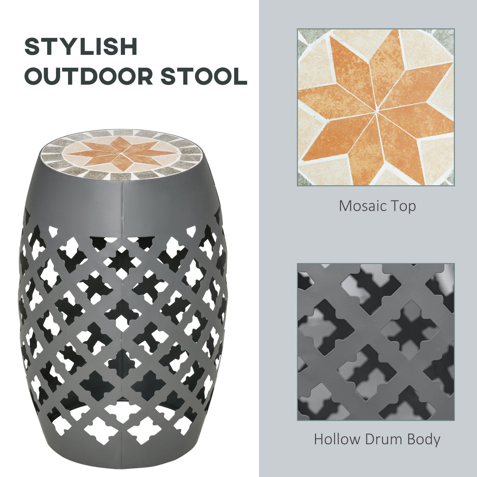 Smooth Top Mosaic Side Table 12.25in Diameter x 18in Tall Frame Steel