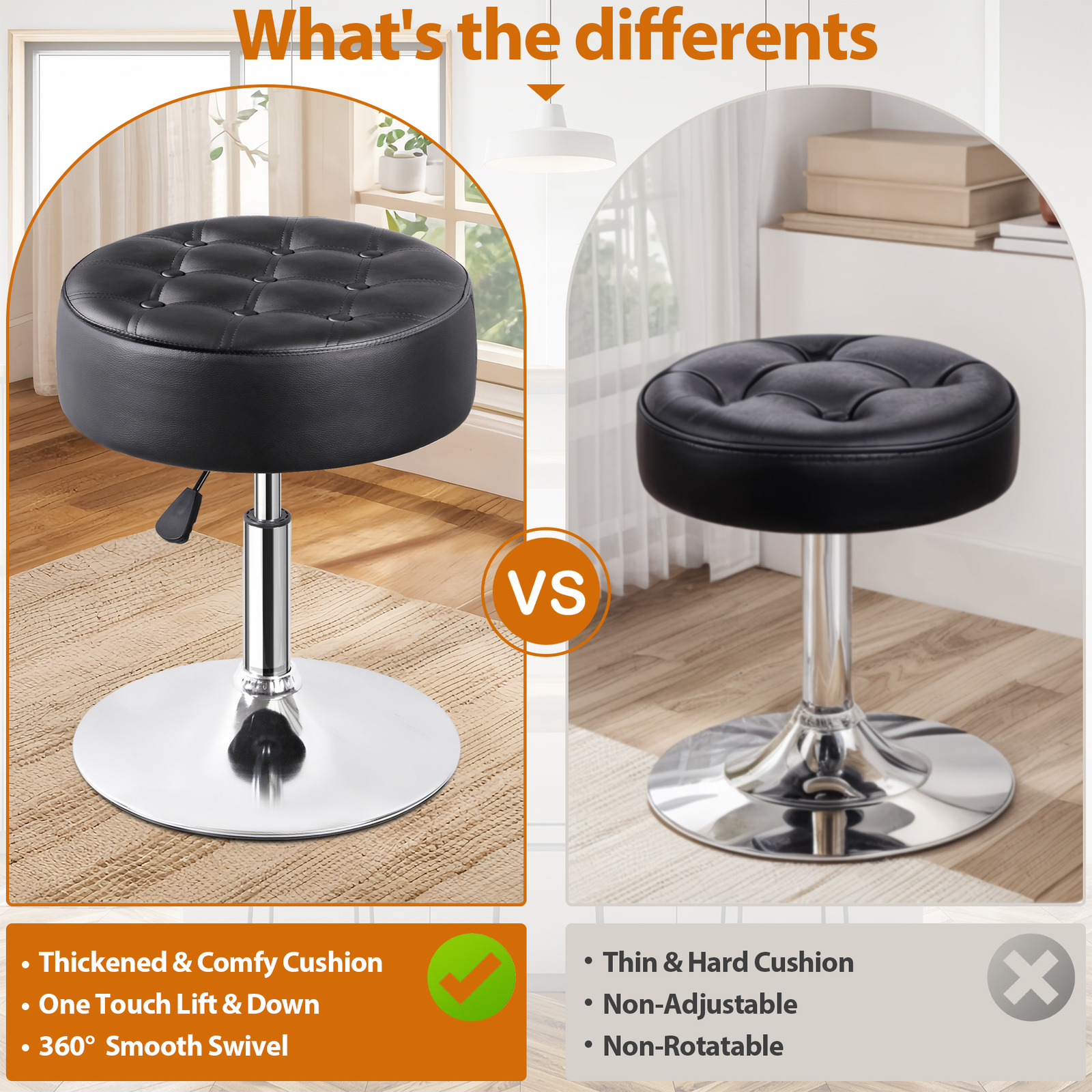 Adjustable Round Ottoman Stool Vanity Stool PU Leather Swivel Makeup Stool Black