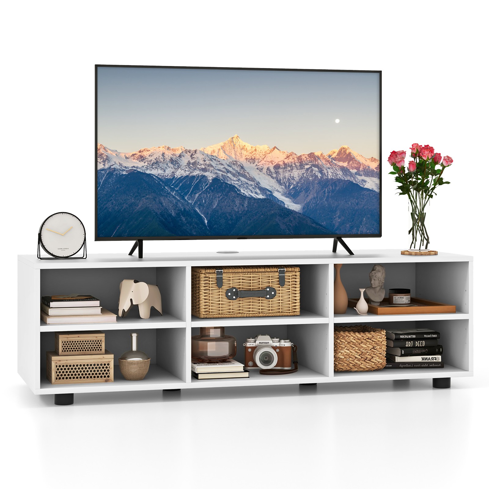 TV Stand for TV up to 55″ Home TV Cabinet w/ 6 Storage Compartments White