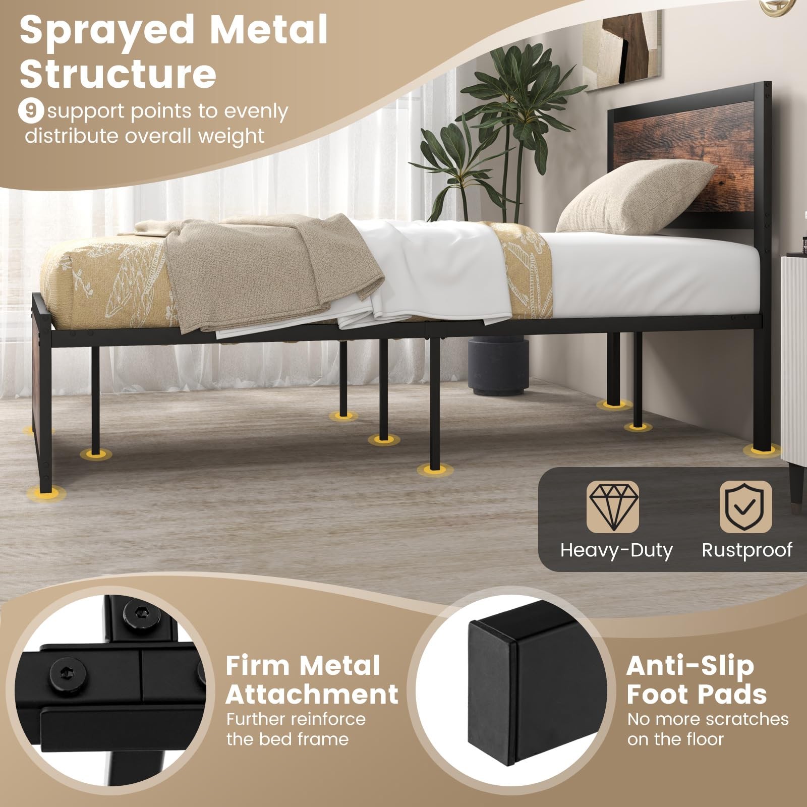 Twin Bed Frames for Kids, Industrial Metal Platform Bed with Headboard, Metal…