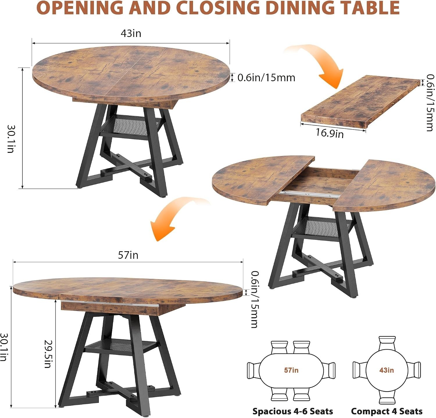 Round Oval Extendable Wood Dining Table for 6 Mesa Comedor Redonda Extensible